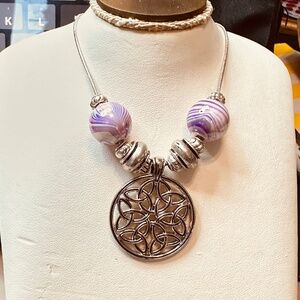 925Sterling Silver Chain Celtic Knot Pendant Purple & Silver Tone Beads Handmade